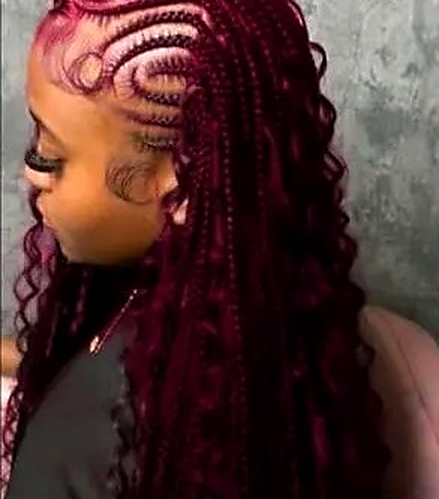 Burgundy fulani braids with curly ends by Chass